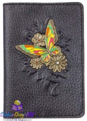 обложка на паспорт "Винтажная Бабочка" (кожа, бронза, эмали)